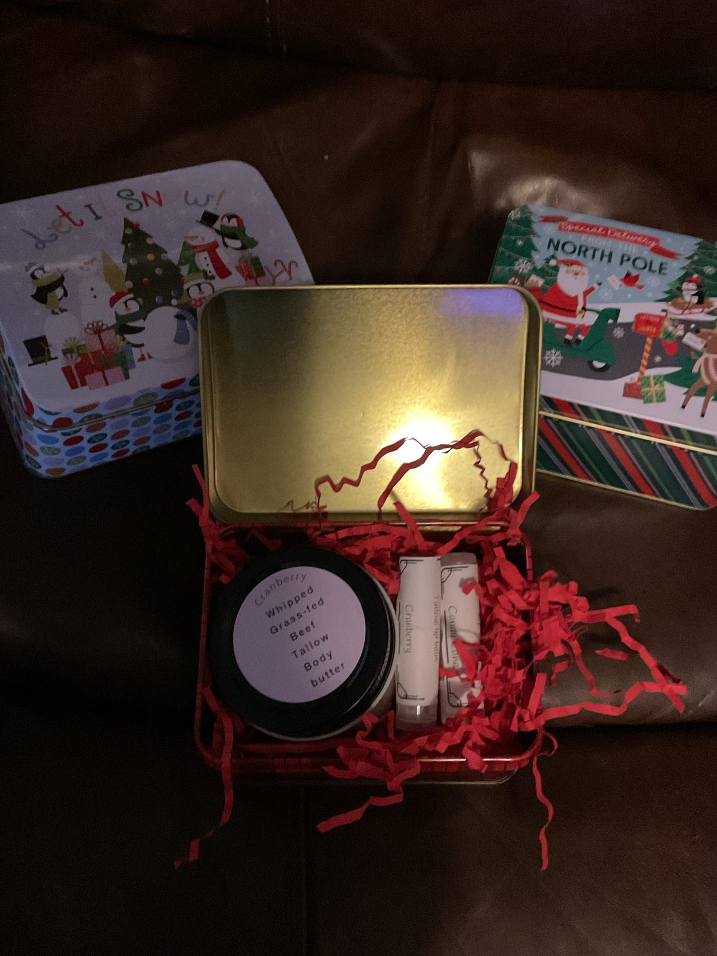Christmas tin you choose 1 Grass-fed body butter and 2 tallow lip balms Message with choices