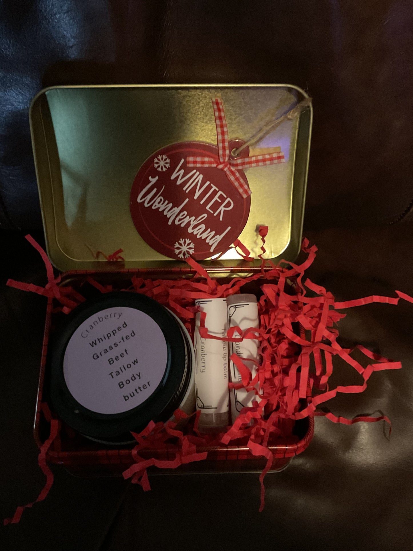 Christmas tin you choose 1 Grass-fed body butter and 2 tallow lip balms Message with choices