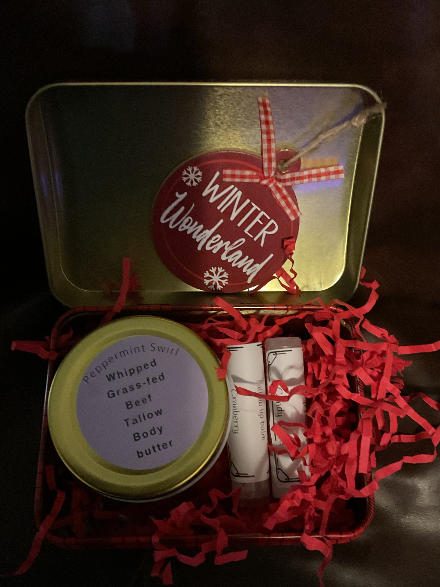 Christmas tin you choose 1 Grass-fed body butter and 2 tallow lip balms Message with choices