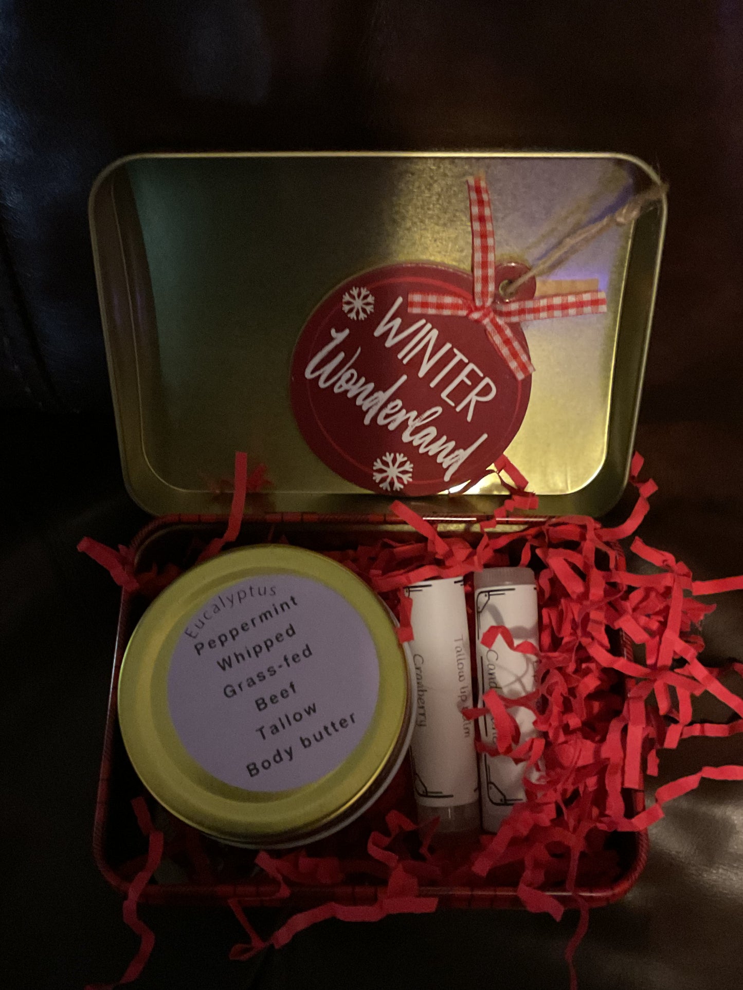 Christmas tin you choose 1 Grass-fed body butter and 2 tallow lip balms Message with choices