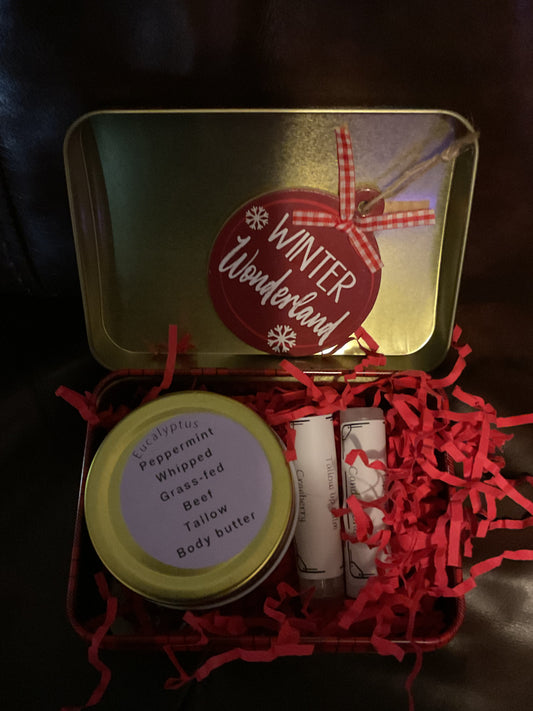 Christmas tin you choose 1 Grass-fed body butter and 2 tallow lip balms Message with choices