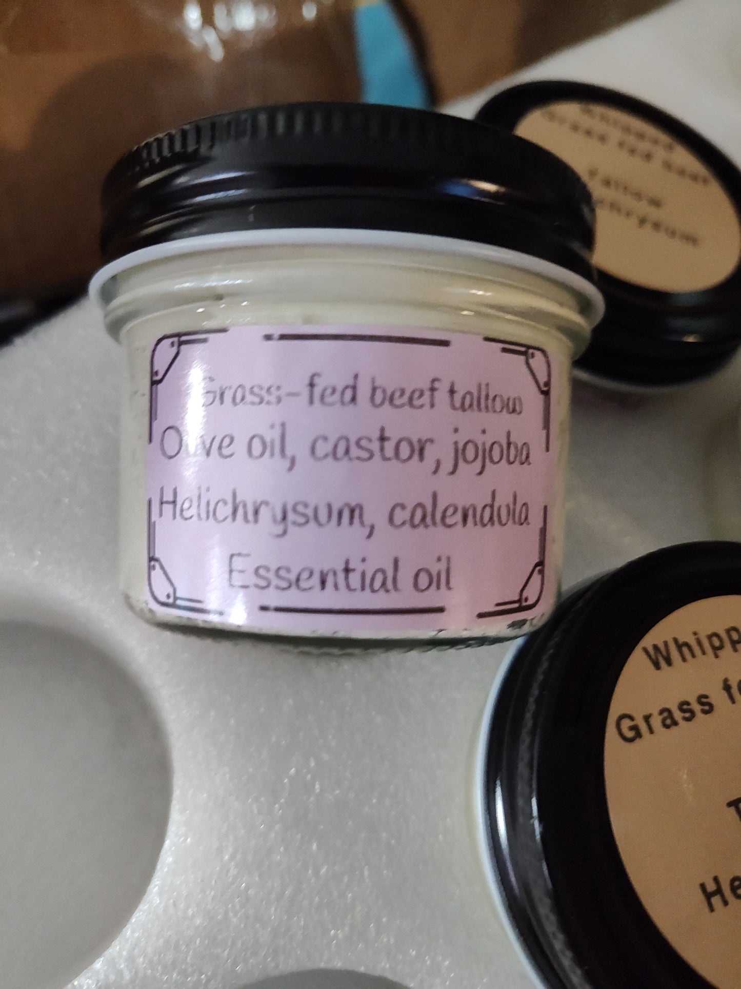 Grass-fed beef tallow Helichrysum bruises age spots blemishes, varicose veins